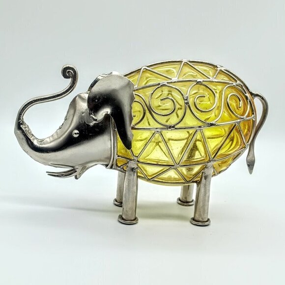 Vintage Golden Amber Glass Silver Metal Caged Elephant - Picture 10 of 10